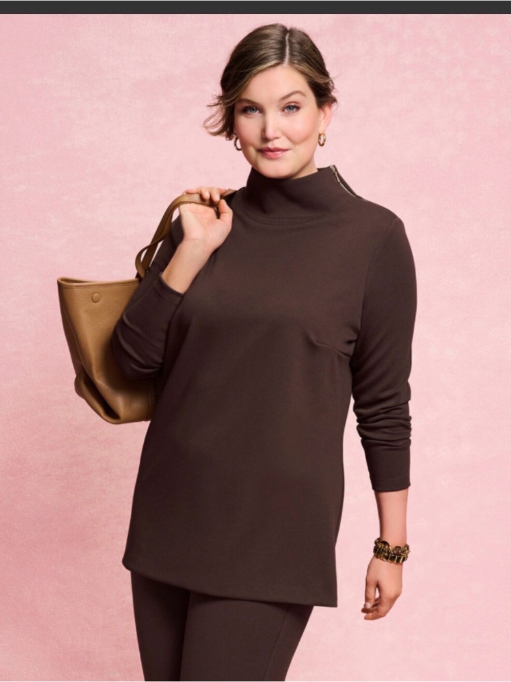 TALBOTS Passport Ponte Zip Shoulder Tunic Pullover Top NWT Petite Brown Classic